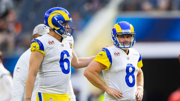 Feb 13, 2022; Inglewood, CA, USA; Los Angeles Rams punter Johnny Hekker (6) and kicker Matt Gay (8) against the Cincinnati Bengals during Super Bowl LVI at SoFi Stadium. Mandatory Credit: Mark J. Rebilas-USA TODAY Sports